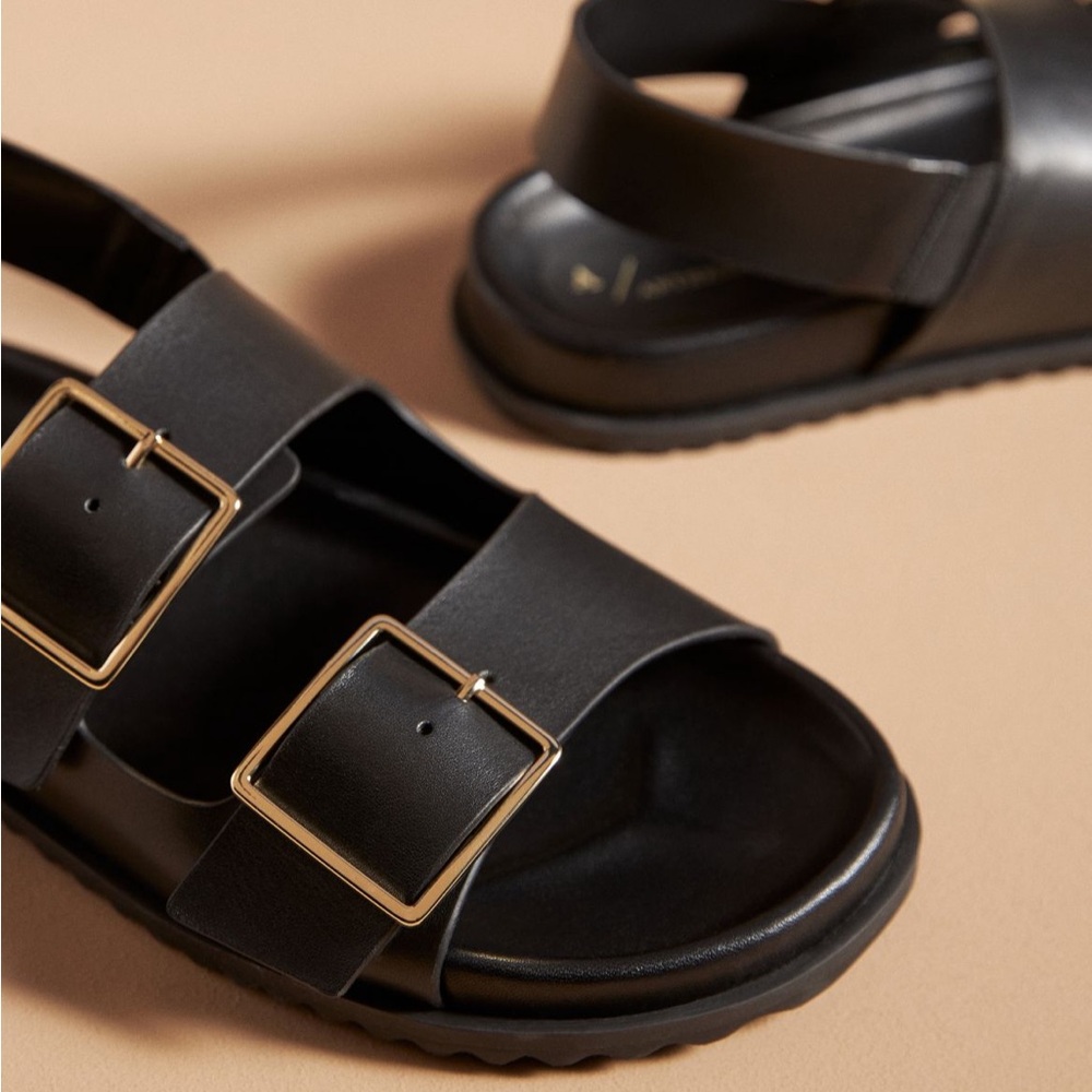 Anthropologie Black Sandals with Gold Buckles